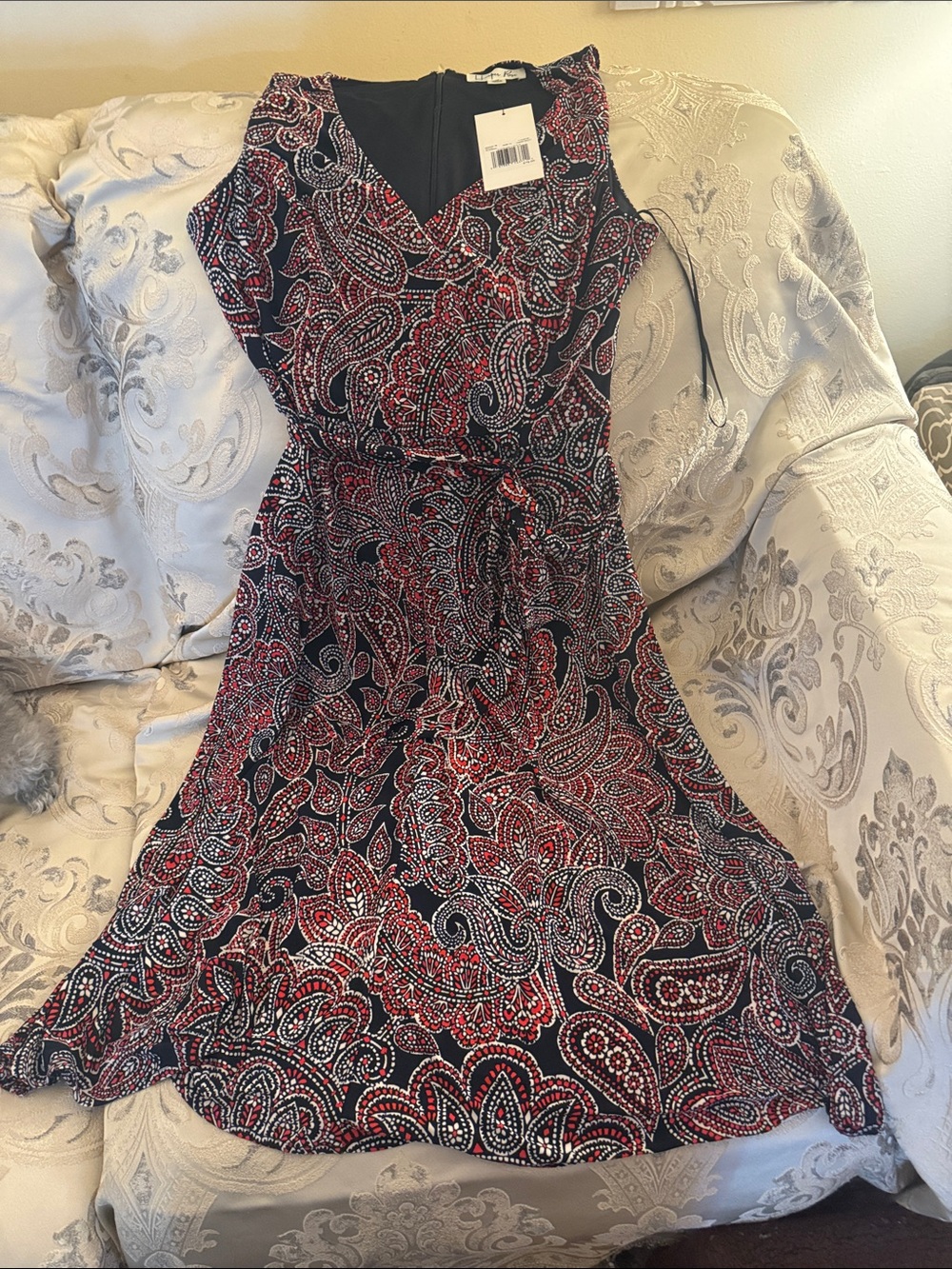 Paisley Wrap-Style Midi Dress in Black and Red
